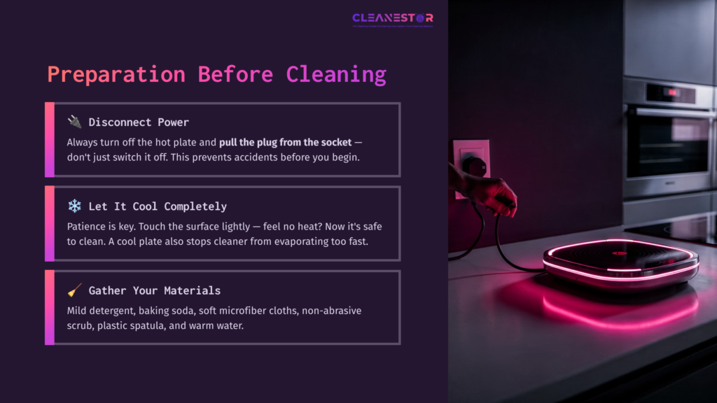 A Dark Kitchen Setting Featuring An Electric Solid Hot Plate With Pink Lighting. Text Instructions On Cleaning Preparation Are On The Left.
