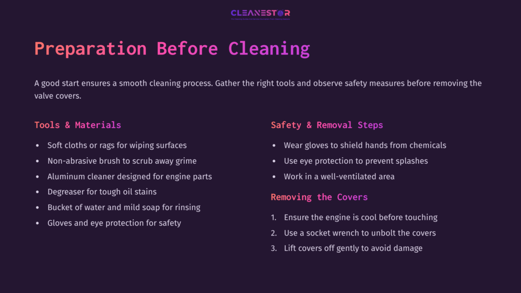 Text-Based Content Outlines Cleaning Preparation, Including Materials, Safety Steps, And Removal Instructions, On A Dark Purple Background.
