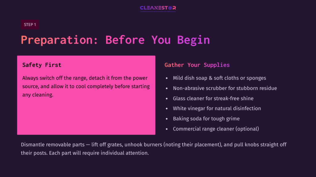 Instructions For Cleaning A Bluestar Range, Featuring A Pink Safety Box, White Text, And A Dark Background Outlining Preparation Steps.