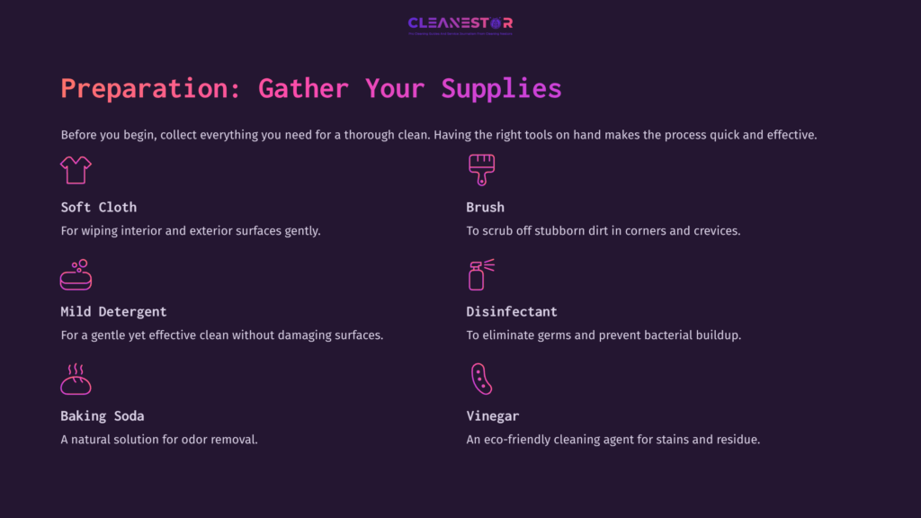 Preparation List For Cleaning A Homedics Foot Spa, Featuring Supplies Like Soft Cloth, Brush, Mild Detergent, Disinfectant, Baking Soda, And Vinegar, On A Dark Purple Background.