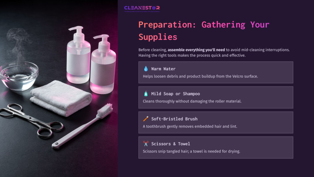 A Pair Of Clear Bottles Filled With Liquid, A Towel, Scissors, A Soft-Bristled Brush, And A Bowl Of Warm Water Arranged On A Dark Surface.