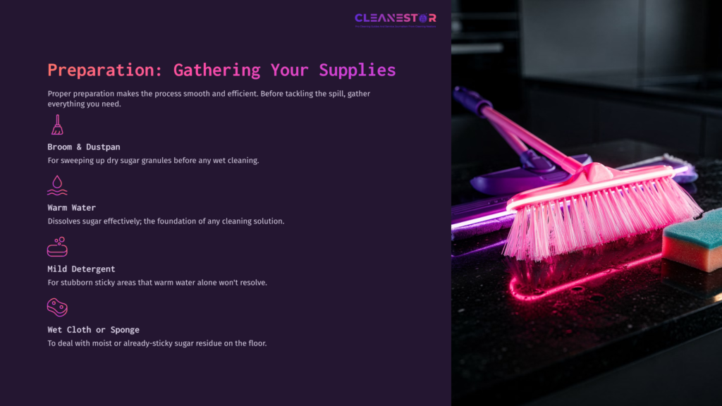Broom And Dustpan With Neon Accents On A Dark Surface, Alongside Cleaning Supplies: Warm Water, Mild Detergent, And A Wet Cloth.