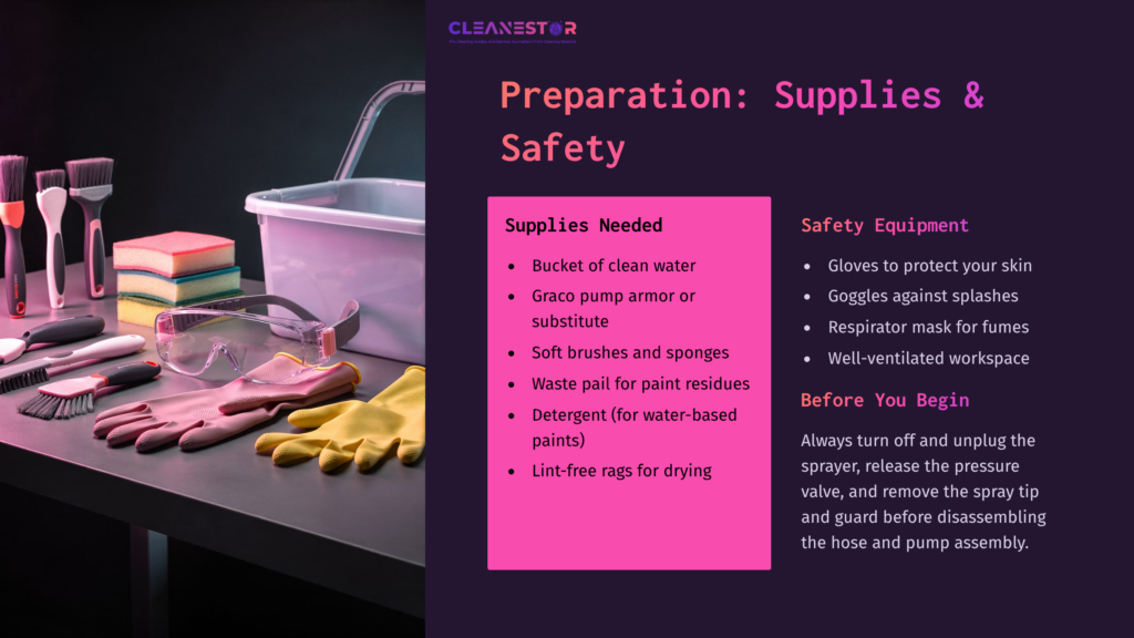 4 Preparation Supplies And Safety 1 A Table With Cleaning Supplies: A Bucket, Brushes, Sponges, Detergent, Gloves, Goggles, And A Purple Backdrop Detailing Safety Tips.