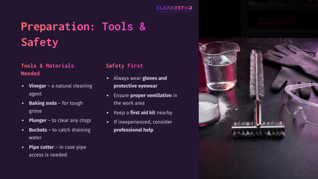 Tools And Materials For Cleaning Copper Pipes, Including A Natural Cleaner, Baking Soda, Buckets, A Pipe Cutter, And Safety Tips.