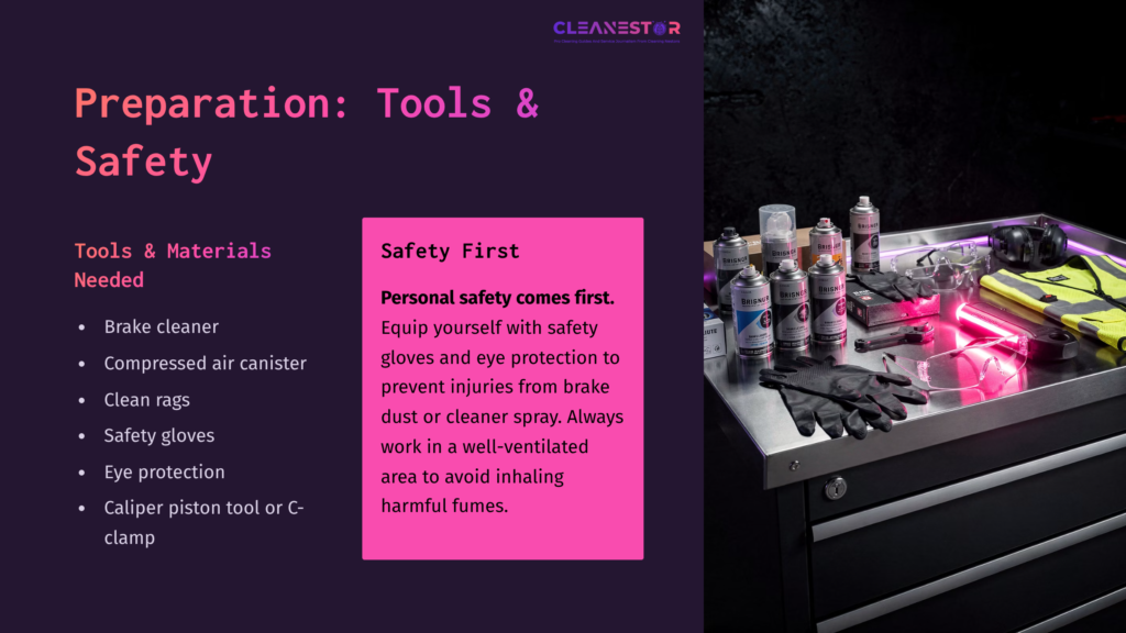 Tools And Materials For Cleaning Caliper Pistons On A Workbench, Featuring Gloves, Brake Cleaner, And A Safety Message In Pink And Purple Text.