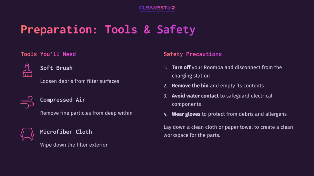 Instructions For Cleaning A Roomba Filter, Listing Tools (Soft Brush, Compressed Air, Microfiber Cloth) And Safety Precautions, On A Dark Purple Background.