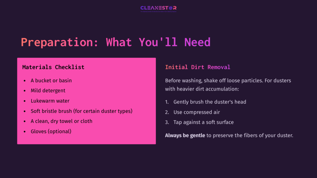 Checklist For Cleaning A Car Duster, Featuring A Pink Box With Materials And Steps On A Dark Background. Clear Layout With Bold Headings.