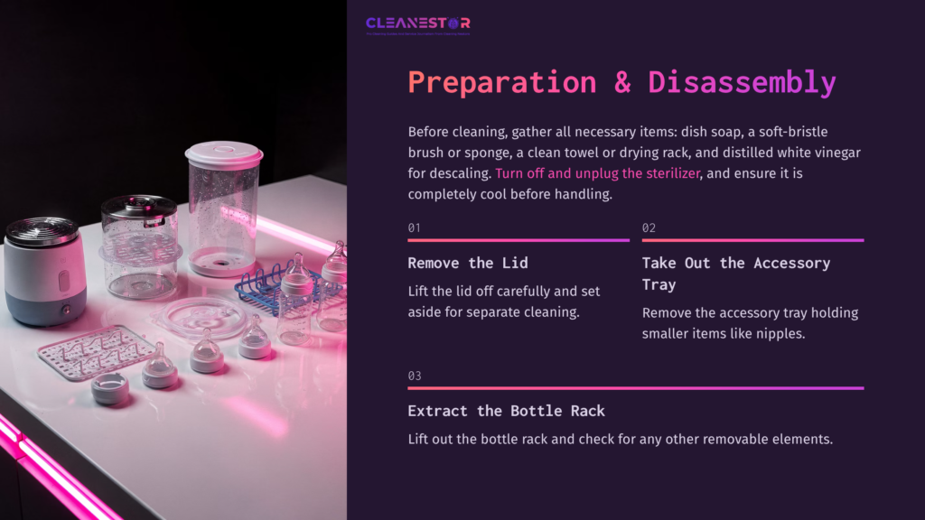 Instructional Graphic Showing A Dr. Brown Sterilizer, Cleaning Supplies, And Steps For Disassembly Highlighted In Pink And Purple Tones.
