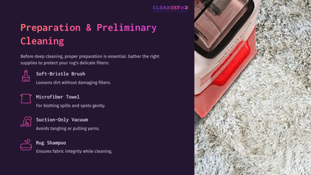 Soft-Bristle Brush, Microfiber Towel, Vacuum Cleaner, And Rug Shampoo On A High-Pile Rug, With A Dark Purple Background.