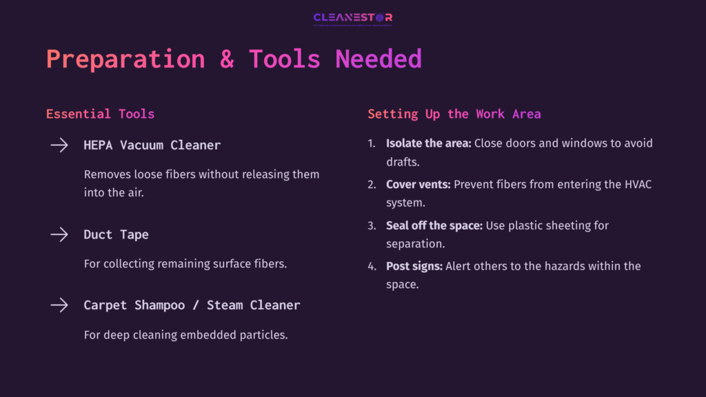 Graphic Listing Essential Tools For Cleaning Fiberglass From Carpet, Featuring A Vacuum Cleaner, Duct Tape, And Carpet Shampoo, With Purple And White Text.