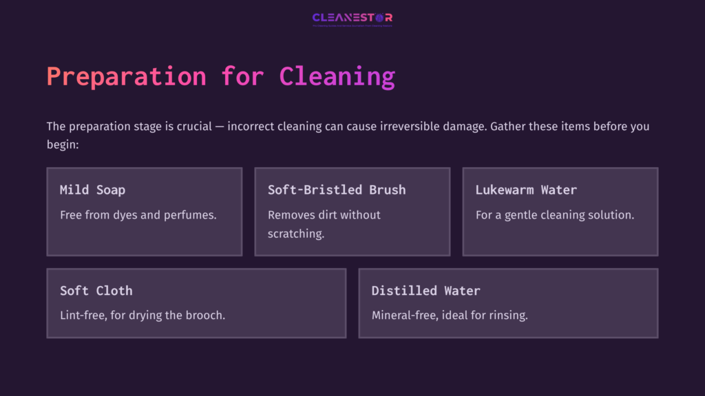 Preparation Steps For Cleaning A Cameo Brooch: Includes Mild Soap, Soft-Bristled Brush, Lukewarm Water, Soft Cloth, And Distilled Water.