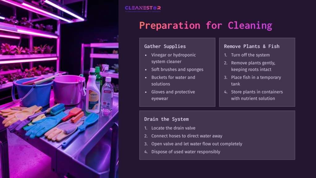 A Well-Organized Cleaning Station Featuring Cleaning Supplies Like Vinegar, Brushes, Gloves, And Buckets, Illuminated By Purple Light.