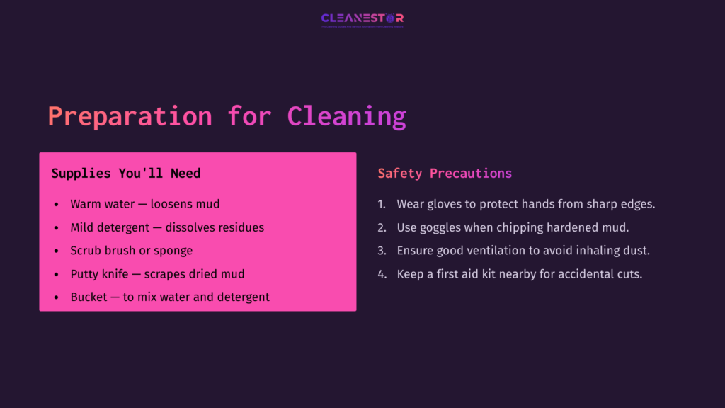 Bright Purple Background With A Pink Box Outlining Cleaning Supplies Like A Putty Knife, Scrub Brush, And Detergent. Safety Tips Listed Below.