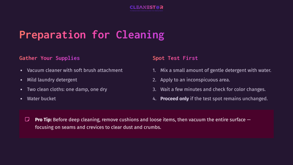 Text On A Dark Purple Background Outlines Cleaning Preparation Steps, Listing Supplies Like A Vacuum, Damp Cloth, And Testing Instructions.