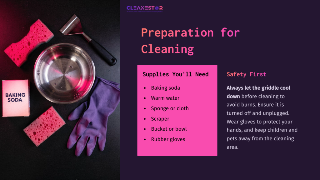 A Metal Bowl, Sponge, Scraper, And Purple Rubber Gloves Are Arranged On A Dark Surface With Baking Soda And Safety Tips Displayed.