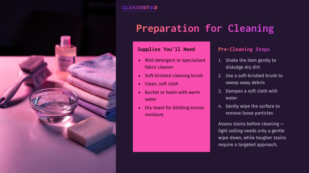 Supplies For Cleaning Ballistic Nylon: Detergent, Brush, Clean Cloth, Water, Towel, And A Bowl Arranged On A Stylish Background.