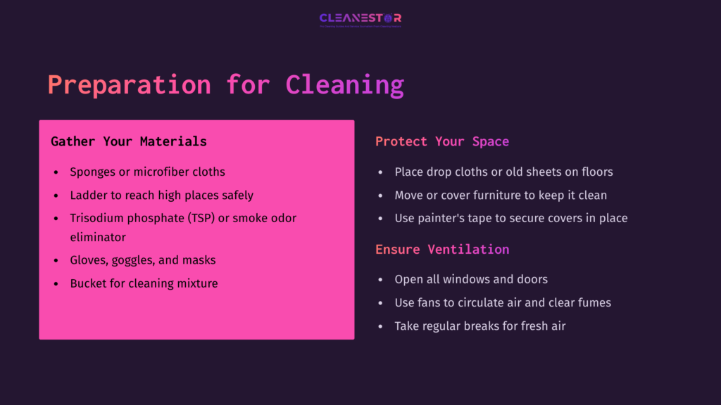 Pink And Purple Infographic Detailing Cleaning Preparation Steps, Featuring Sections On Materials Needed And Ventilation Tips.