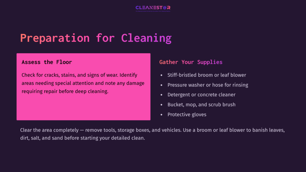 4 Preparation For Cleaning 6 Text On A Bright Pink Background Outlines Garage Floor Cleaning Preparation, Emphasizing Assessing Damage And Gathering Supplies.