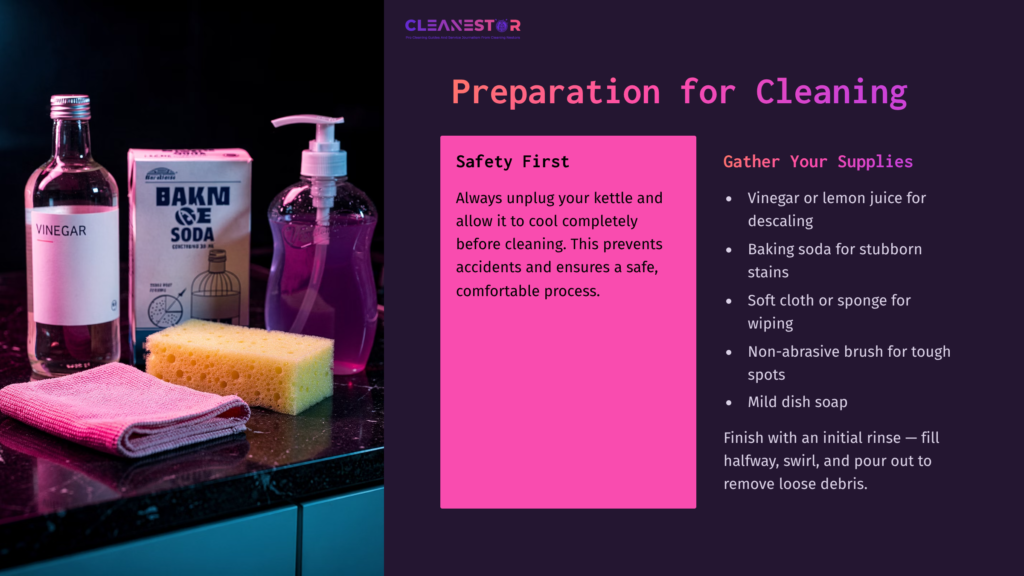 Supplies For Cleaning An Electric Kettle: Vinegar, Baking Soda, Dish Soap, Sponge, And Cleaning Cloth Against A Dark Background.