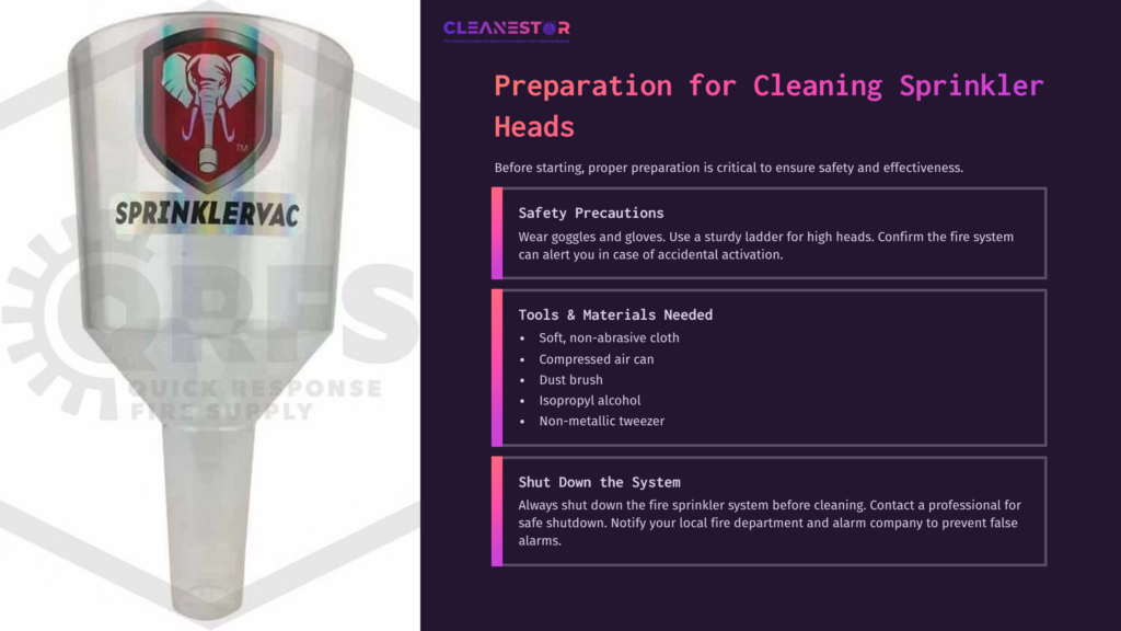 Transparent Funnel Labeled &Quot;Sprinklervac&Quot; With Safety Guidelines And Cleaning Materials Listed On A Dark Background, Emphasizing Preparation Steps.