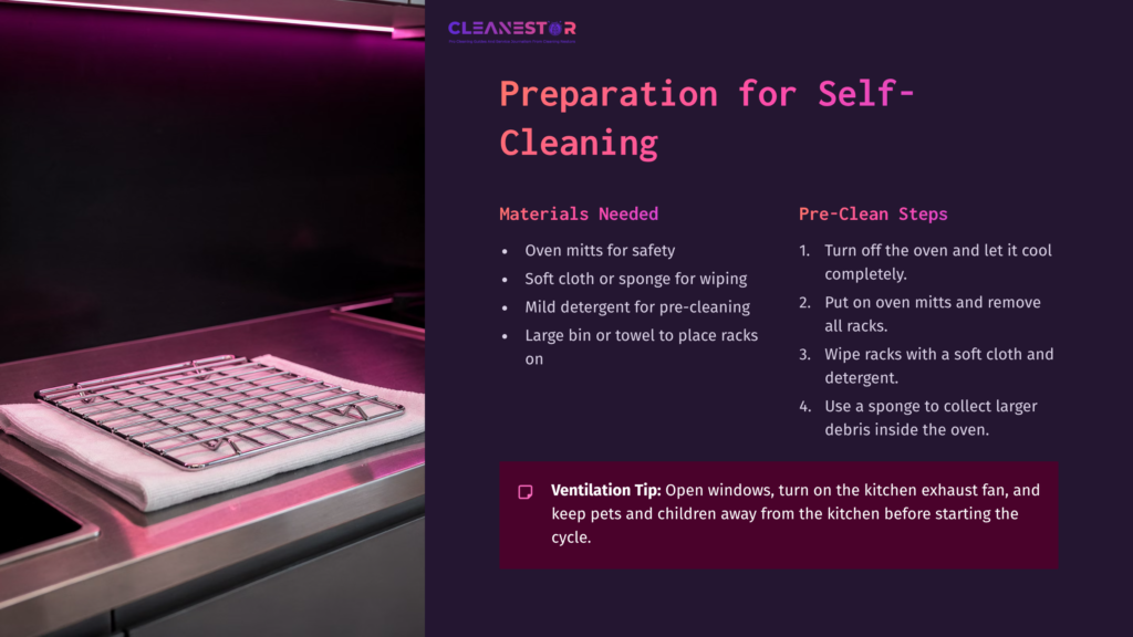 Preparation For Self-Cleaning An Oven, Featuring A Wire Rack, Cleaning Materials, And Pink Lighting, With Pre-Clean Steps Listed.