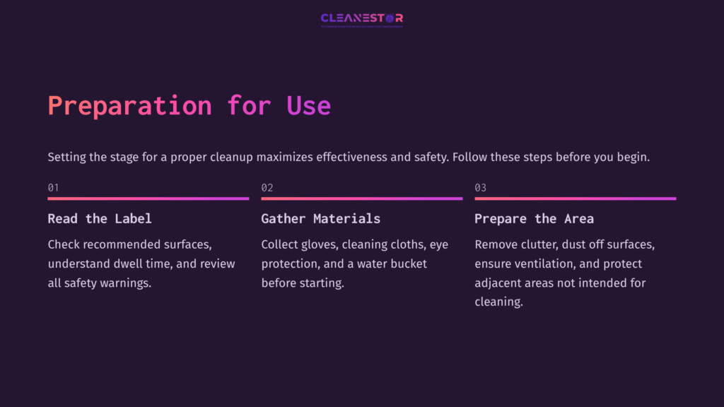 4 Preparation For Use List Of Preparation Steps For Using Dr. Clean Spray, With A Pink Progress Bar, White Text On A Dark Purple Background, And Numbered Sections.