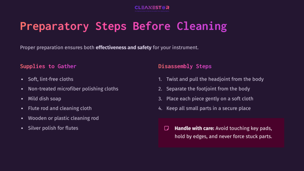Instructions On Preparing To Clean A Flute, Featuring Supplies List, Disassembly Steps, And Care Guidelines In A Purple And White Layout.