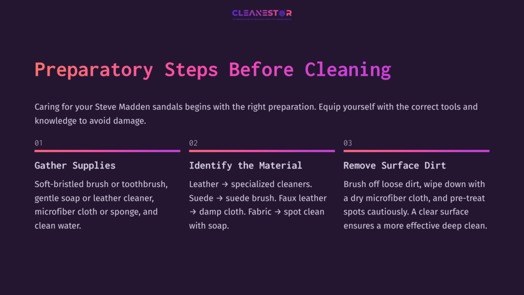 4 Preparatory Steps Before Cleaning 3 Text Instructions With Numbered Steps On Cleaning Steve Madden Sandals, Featuring A Dark Background With White And Purple Text For Clarity.