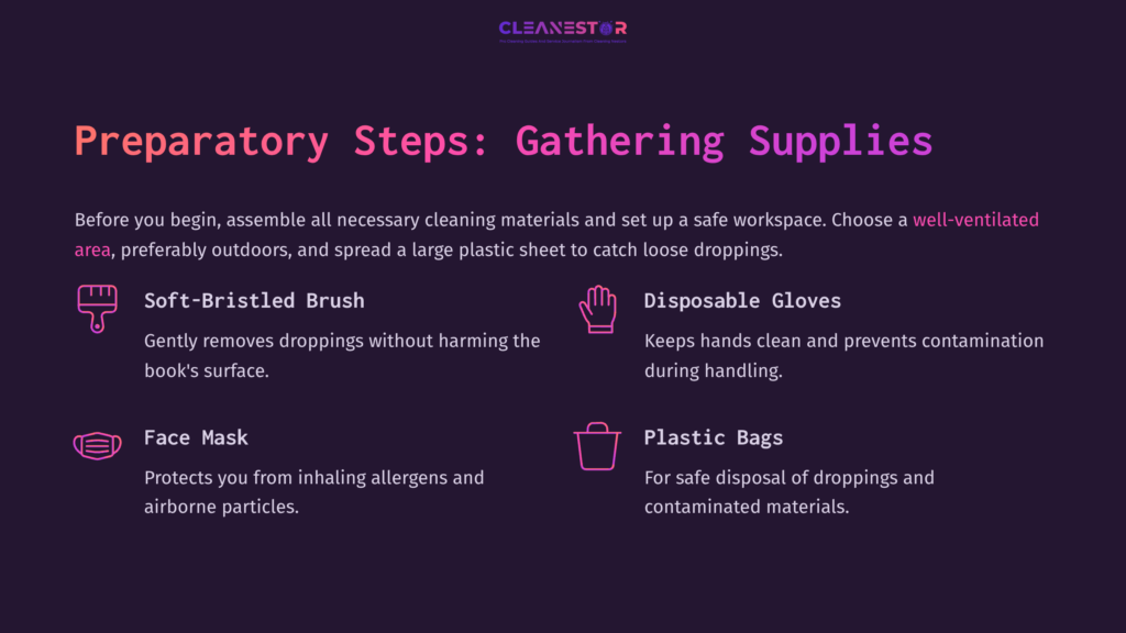 4 Preparatory Steps Gathering Supplies Instructions For Cleaning Books With Mouse Droppings, Featuring A Colorful Layout Of Items: Brush, Gloves, Face Mask, And Plastic Bags.