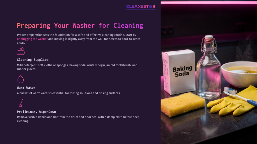 A Bottle Of Water, Box Of Baking Soda, Sponge, And Rubber Gloves On A Dark Surface, With Cleaning Instructions In Purple Text.