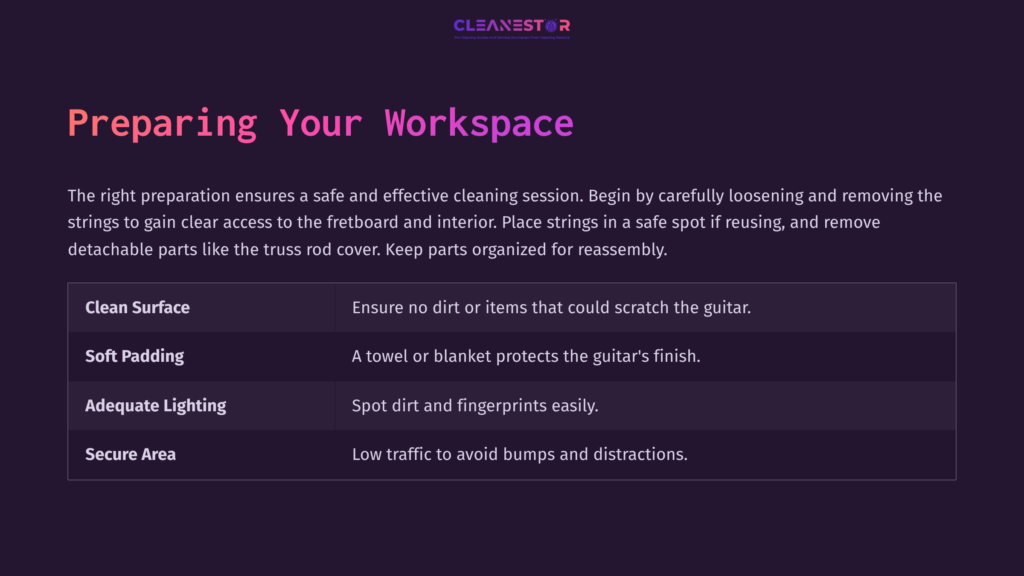 Text Instructions On Preparing A Workspace For Cleaning A Guitar, With Key Points On Protection And Organization, Set On A Purple Background.