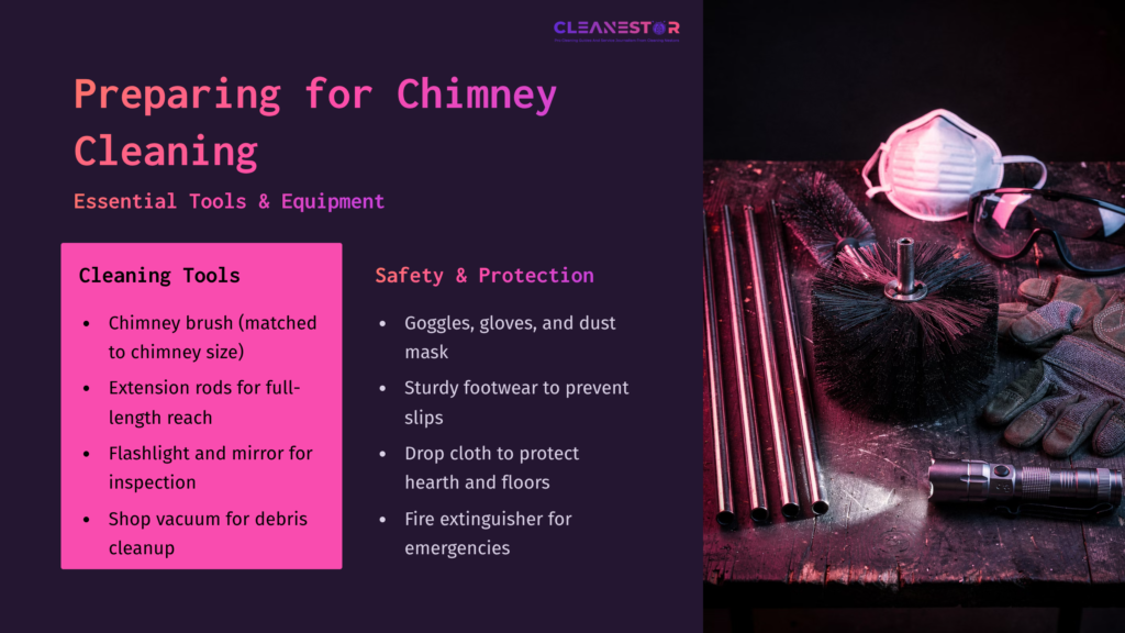 4 Preparing For Chimney Cleaning Tools And Safety Gear For Chimney Cleaning: A Chimney Brush, Rods, Flashlight, Gloves, Goggles, Dust Mask, And A Fire Extinguisher On A Work Surface.