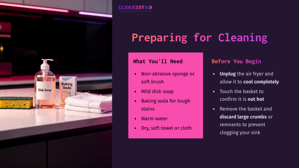 Clear Kitchen Countertop With A Bottle Of Dish Soap, Baking Soda, Soft Towels, And A Note Listing Cleaning Items In Bold Pink Text.