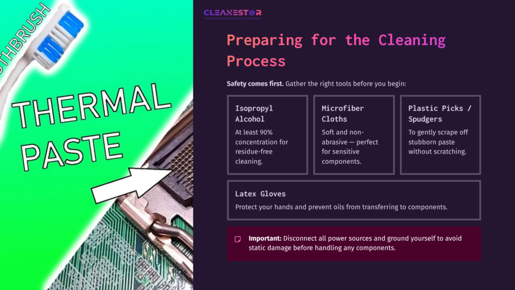 Bright Green Background With &Quot;Thermal Paste&Quot; In Bold White Text. A Circuit Board Is Shown, Alongside Safety Tips For Cleaning Tools And Materials.