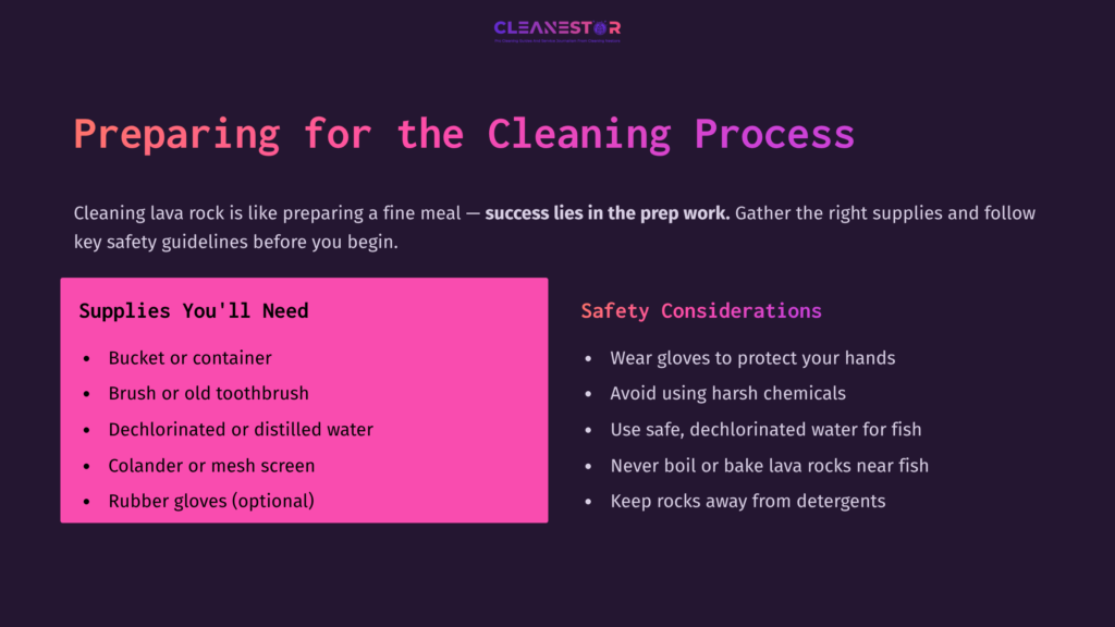 Text-Focused Graphic With A Dark Background, Listing Supplies Like A Bucket, Scrub Brush, And Safety Tips In Vibrant Pink And White Text.