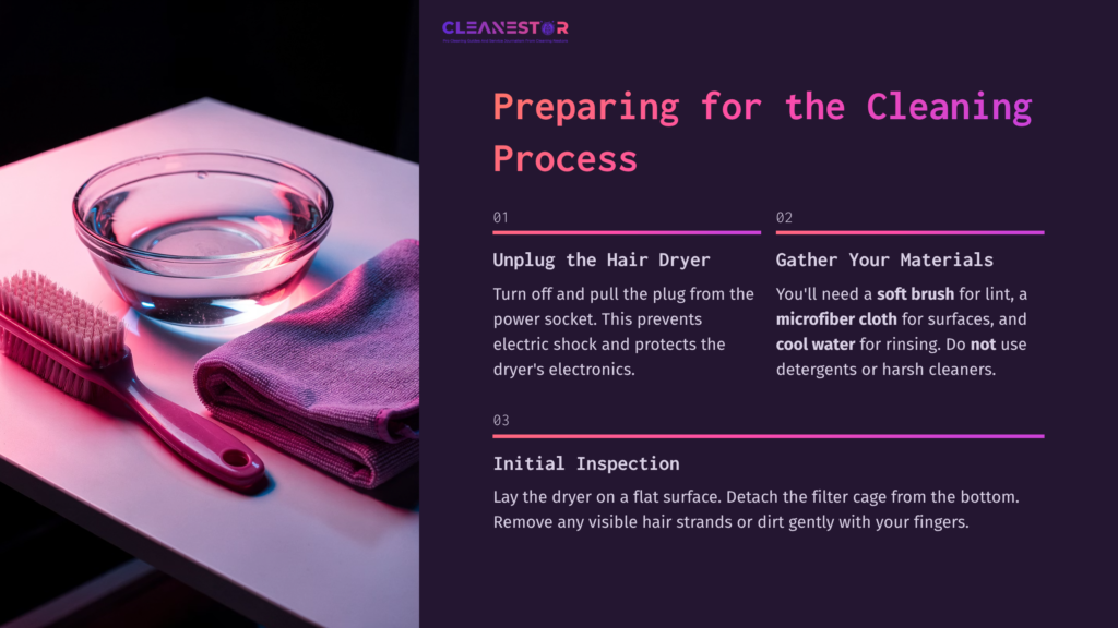 A Glass Bowl Of Water Sits On A Table With A Pink Cloth And A Cleaning Brush Beside It. Text Outlines Hair Dryer Cleaning Steps.