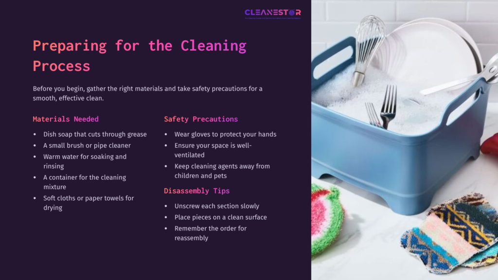 A Blue Cleaning Bin Filled With Dish Soap, A Sponge, And Utensils, Alongside Colorful Towels On A Tiled Surface, With Text Outlining Cleaning Steps.