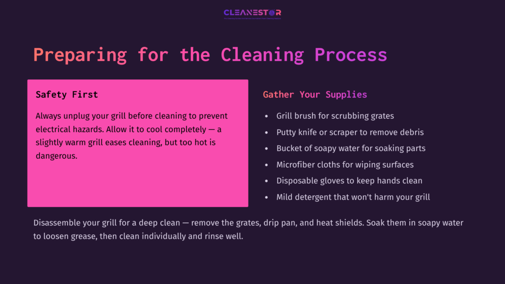 Instructions On Grill Cleaning With A Pink Background, Featuring Safety Tips, Required Supplies, And A Friendly Layout For Easy Reading.