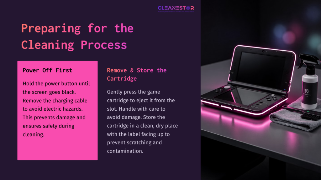 A Nintendo 3Ds Console With A Pink Glow, Next To A Cleaning Solution Bottle, On A Dark Surface; Instructions For Cleaning Visible.