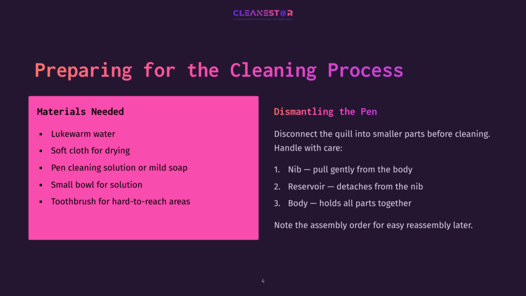 4 Preparing For The Cleaning Process 15 A Purple Background With Pink Bullet Points Detailing Materials And Steps For Cleaning A Quill Pen, Including Care Instructions.