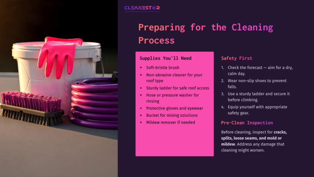 Supplies For Cleaning An Rv Roof: A Soft-Bristle Brush, Bucket, Ladder, Gloves, Hose, And Safety Goggles On A Clean Surface.