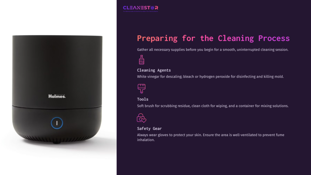 Black Holmes Cool Mist Humidifier Beside Text Detailing Cleaning Supplies, Methods, And Safety Gear For Effective Maintenance.