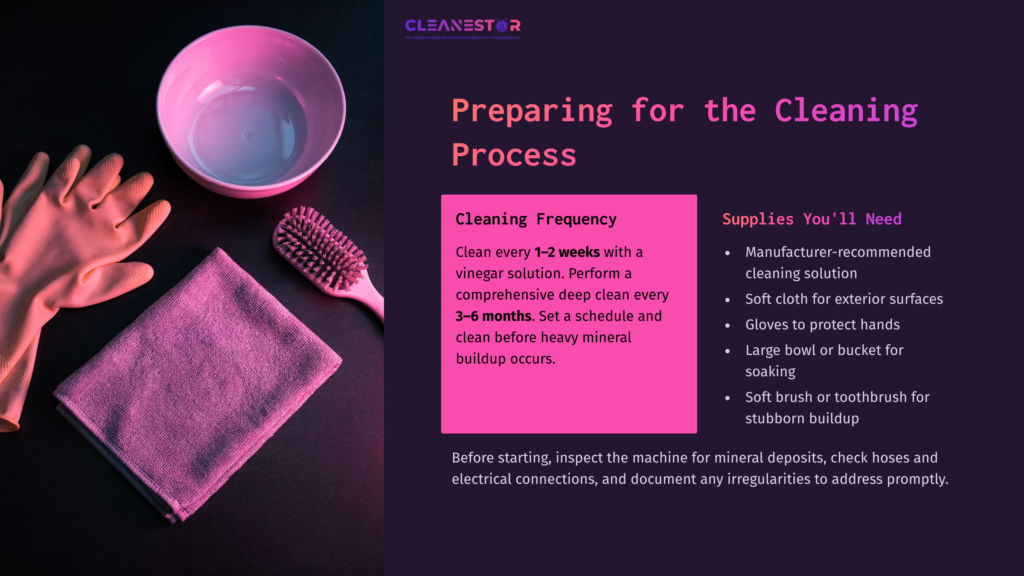 Pink-Themed Cleaning Setup Featuring A Bowl, Cleaning Cloth, Brush, Gloves, And A List Of Supplies For Maintaining A Kangen Machine.