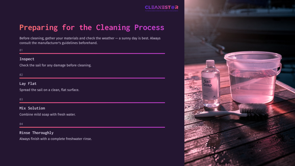 4 Preparing For The Cleaning Process 6 A Cleaning Guide For Sails Featuring A Clear Bottle Of Sail Soap, A Brush, And Steps Outlined On A Dark Background With A Waterfront View.