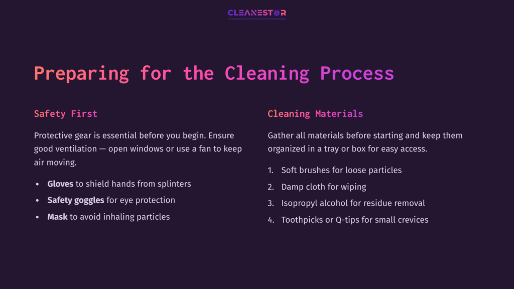 Textual Information On A Purple Background Outlining Safety Tips And Cleaning Materials For Laser-Cut Wood Care.
