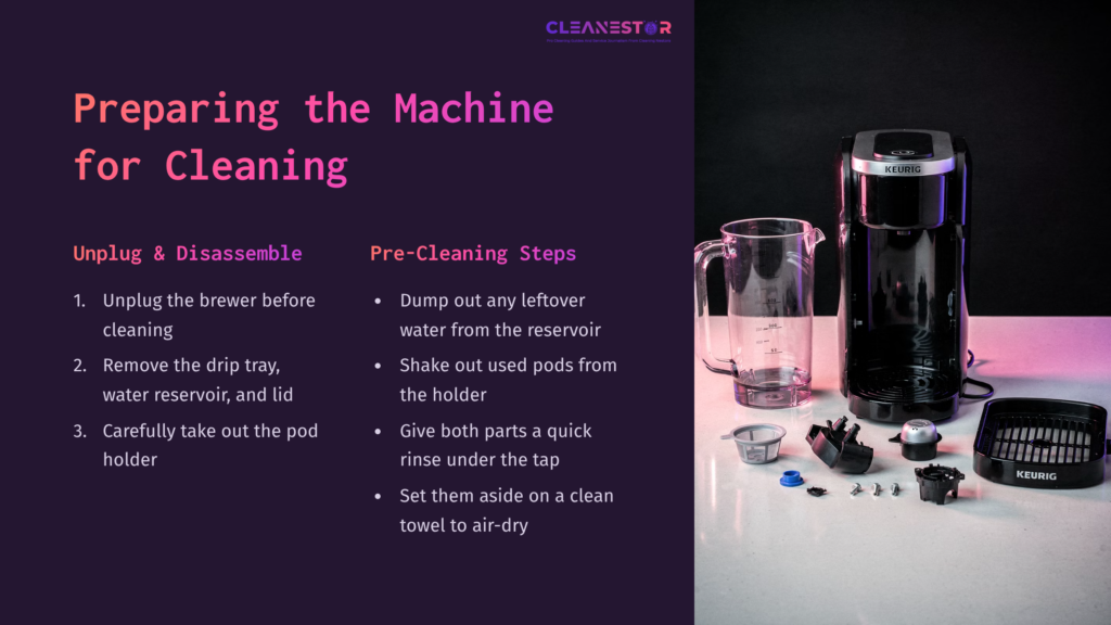 Keurig K Slim Coffee Maker With Disassembled Parts On A Dark Background; Instructions For Cleaning Displayed In Bold Text Beside.