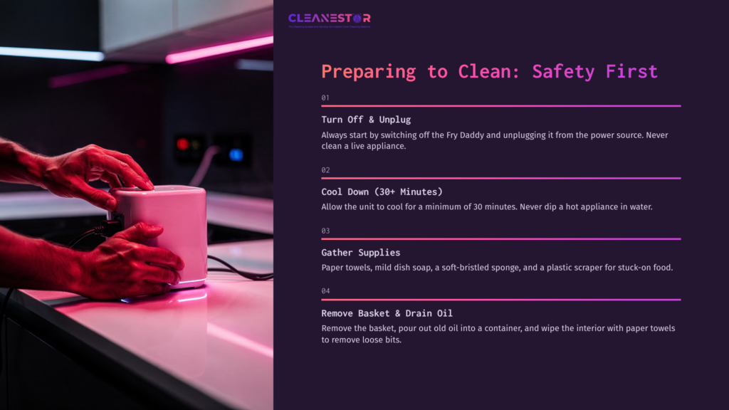 A Person’s Hands Unplugging A Fry Daddy, With Purple Ambient Lighting And A Clean Countertop; Instructions On Cleaning Nearby.