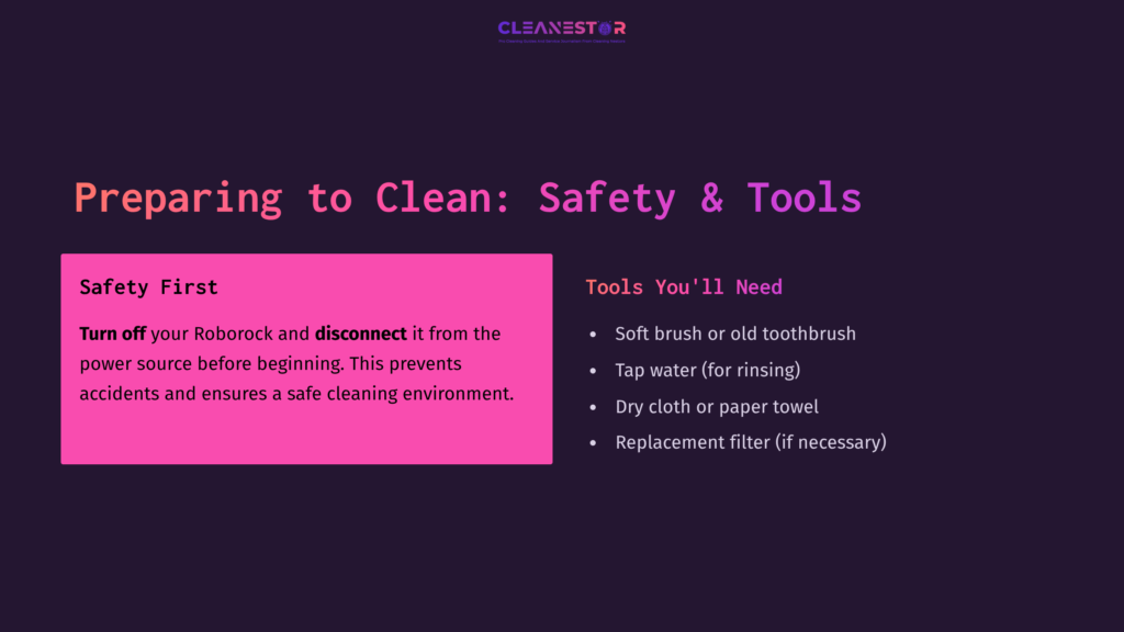 Text On A Dark Purple Background Outlines Safety Tips And Tools Needed For Cleaning A Roborock Filter, With A Clear Layout And Headings.