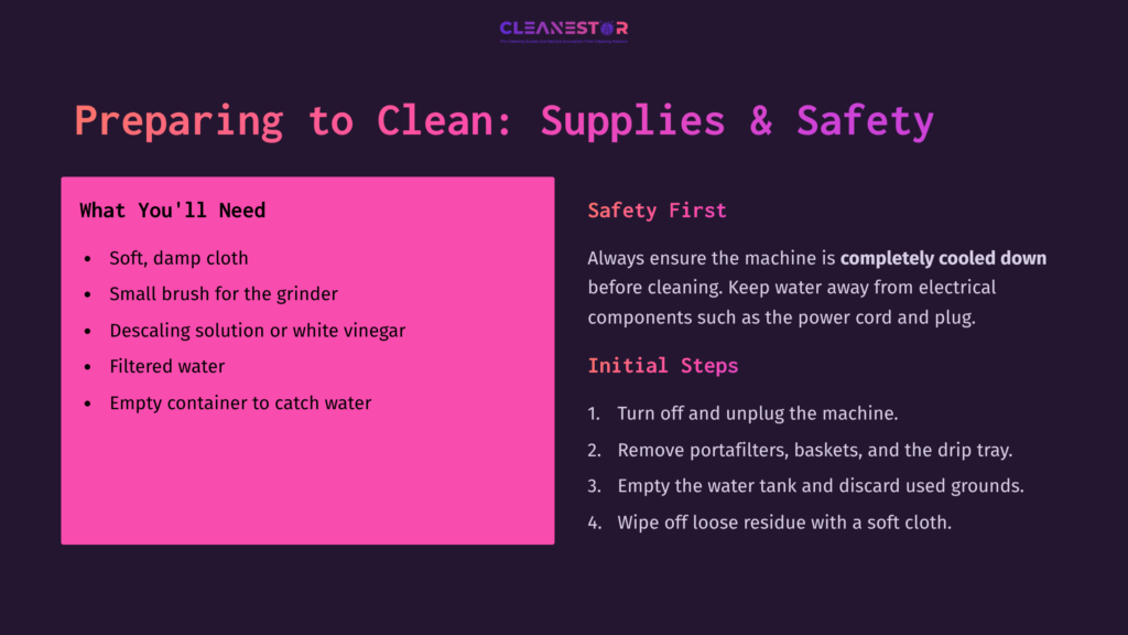 Text On A Dark Background Outlines Cleaning Supplies And Safety Steps For The Breville Duo Temp Pro, Highlighted By Pink Headings.