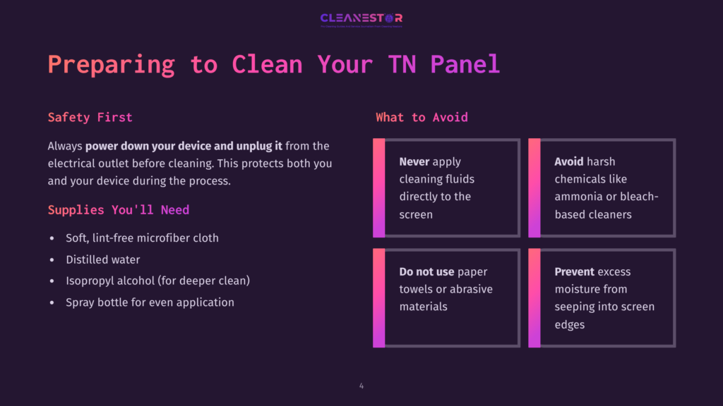Safety Tips For Cleaning A Tn Panel, Featuring A Purple Background, Safety Reminders In Pink And White Boxes, And A Microfiber Cloth Illustration.